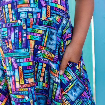 "Lost in the Stacks" Books Sleeveless Play Dress with Pockets